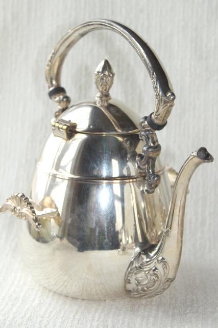 photo of antique 1920s vintage silver plate over copper tea set w/ tilt kettle, coffee pot #2