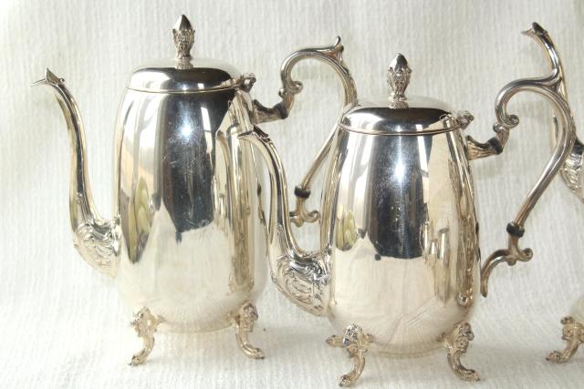 photo of antique 1920s vintage silver plate over copper tea set w/ tilt kettle, coffee pot #6