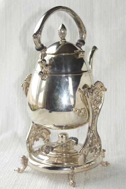 photo of antique 1920s vintage silver plate over copper tea set w/ tilt kettle, coffee pot #29