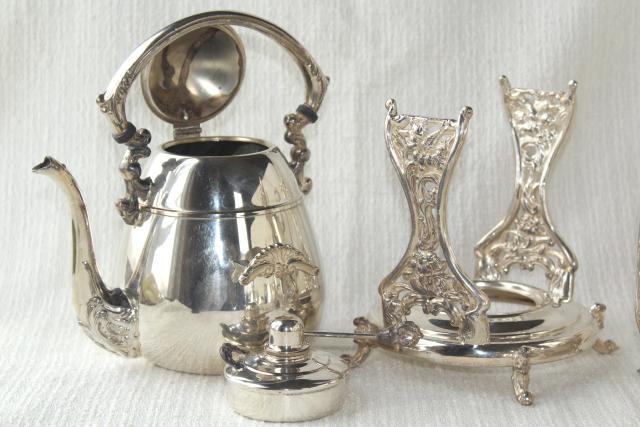 photo of antique 1920s vintage silver plate over copper tea set w/ tilt kettle, coffee pot #30