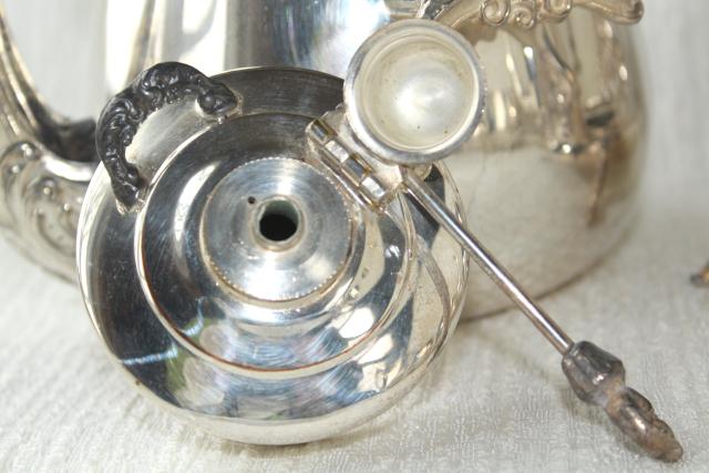 photo of antique 1920s vintage silver plate over copper tea set w/ tilt kettle, coffee pot #32