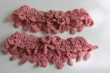 catalog photo of antique 1920s vintage stocking garters, handmade crochet lace ruffled pink cotton