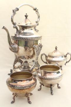 catalog photo of antique 1920s vintage tilt kettle teapot, silver plate over copper tea set