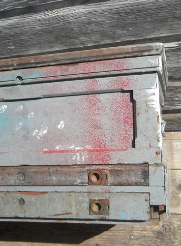 photo of antique 19th C. pine wood tool box or chest w/hand cut dovetails and brass hardware #10