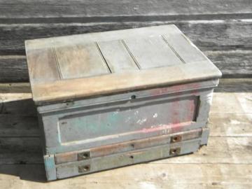 catalog photo of antique 19th C. pine wood tool box or chest w/hand cut dovetails and brass hardware