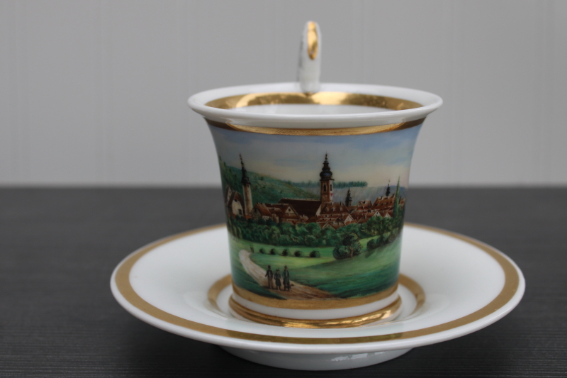 photo of antique 19th century Germany china cup saucer, unmarked topographical scenic view #1