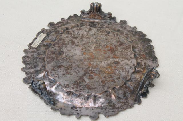 photo of antique 19th century tea kettle trivet stand, very ornate 1800s vintage silver over copper #10