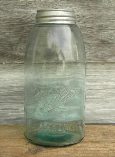 photo of antique 2 qt aqua blue glass sloped shoulder Ball Mason jars w/bubbles #2