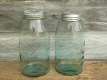 catalog photo of antique 2 qt aqua blue glass sloped shoulder Ball Mason jars w/bubbles