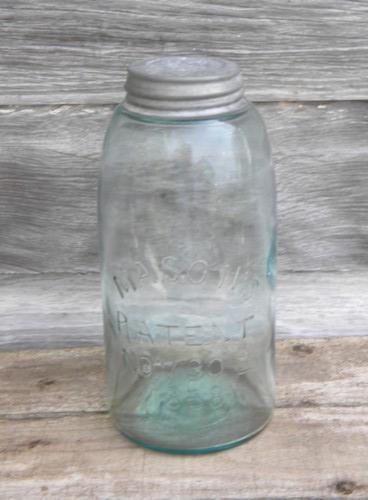 photo of antique 2 quart aqua blue Mason's Patent 1858 CFJ Co fruit jar w/zinc lid #1