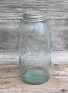 catalog photo of antique 2 quart aqua blue Mason's Patent 1858 CFJ Co fruit jar w/zinc lid