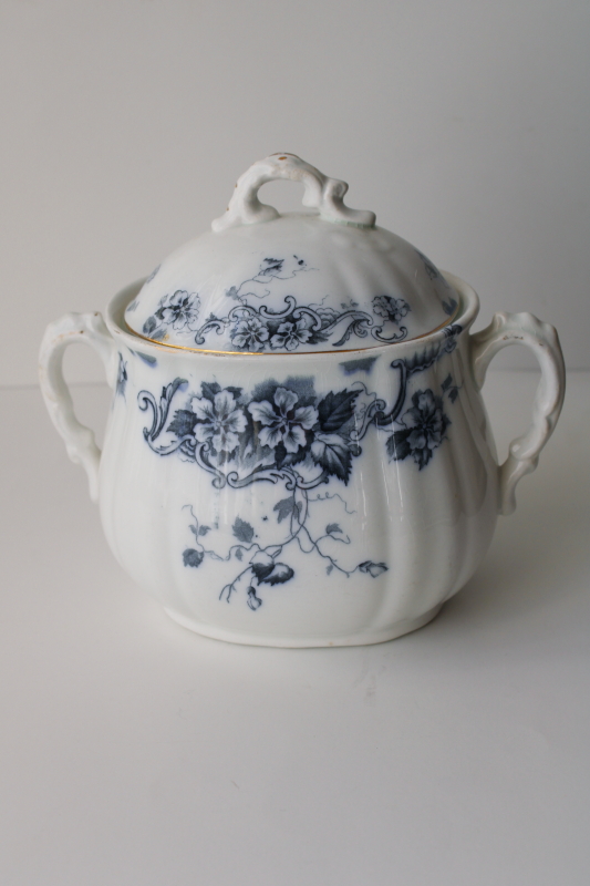 photo of antique Alfred Meakin England ironstone china biscuit jar, dark blue transferware Oban floral #1