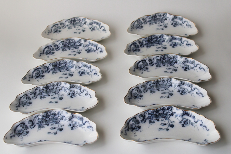 photo of antique Alfred Meakin England ironstone china bone dishes, 12 crescent shape plates dark blue transferware #1