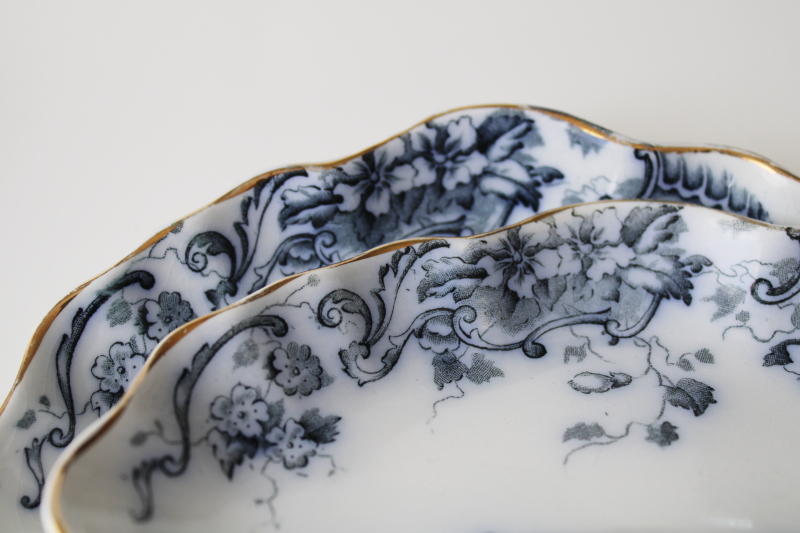 photo of antique Alfred Meakin England ironstone china bone dishes, 12 crescent shape plates dark blue transferware #2