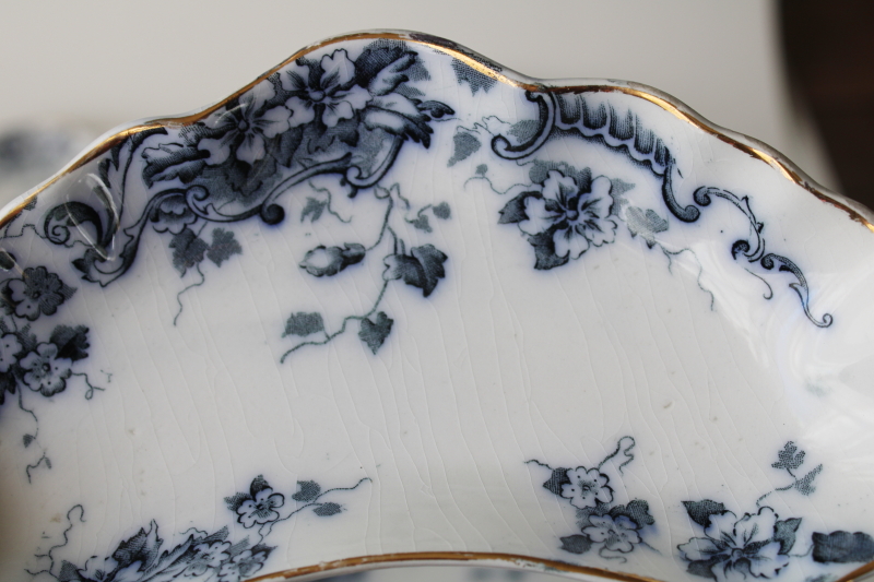 photo of antique Alfred Meakin England ironstone china bone dishes, 12 crescent shape plates dark blue transferware #3