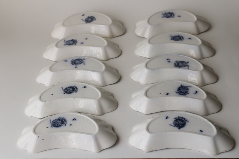 photo of antique Alfred Meakin England ironstone china bone dishes, 12 crescent shape plates dark blue transferware #5