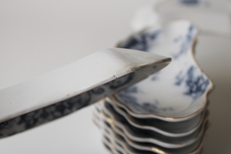 photo of antique Alfred Meakin England ironstone china bone dishes, 12 crescent shape plates dark blue transferware #6