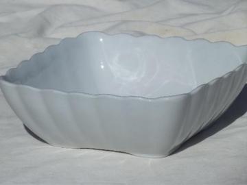 catalog photo of antique Alfred Meakin white ironstone china bowl, square fluted serving dish