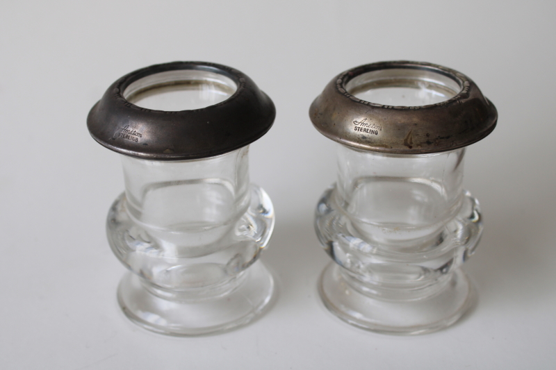 photo of antique Amston sterling silver heavy crystal glass match holder vases pair, early 1900s vintage  #1