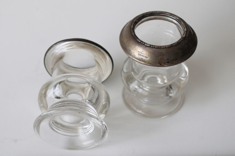 photo of antique Amston sterling silver heavy crystal glass match holder vases pair, early 1900s vintage  #2