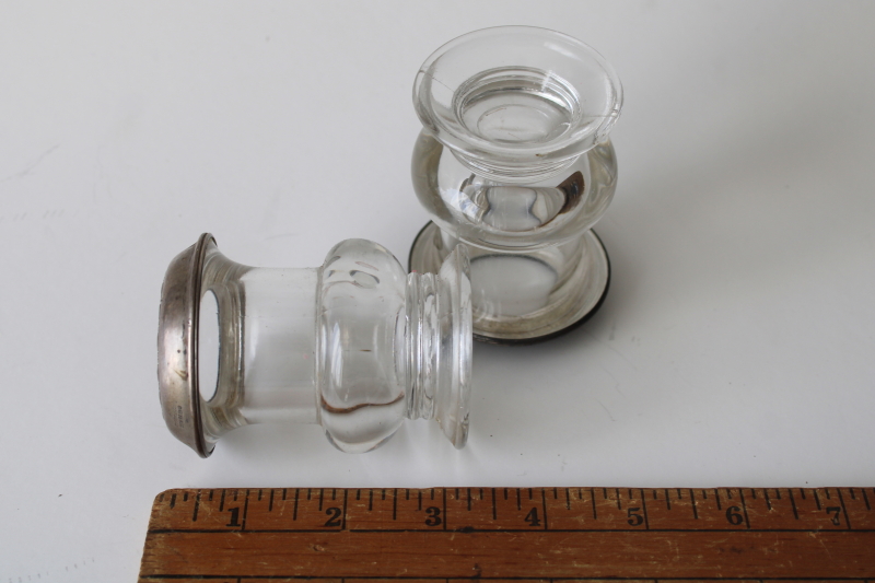 photo of antique Amston sterling silver heavy crystal glass match holder vases pair, early 1900s vintage  #3