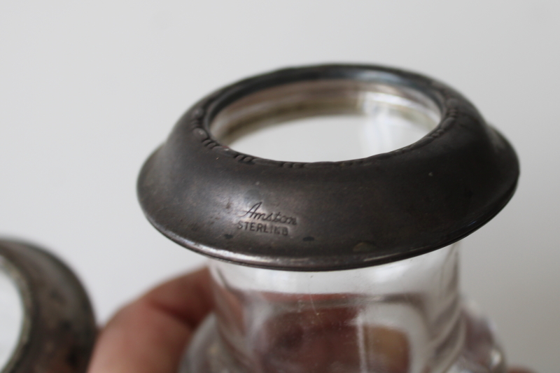 photo of antique Amston sterling silver heavy crystal glass match holder vases pair, early 1900s vintage  #4