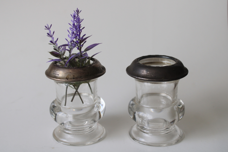 photo of antique Amston sterling silver heavy crystal glass match holder vases pair, early 1900s vintage  #5