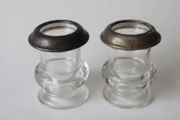 catalog photo of antique Amston sterling silver heavy crystal glass match holder vases pair, early 1900s vintage 