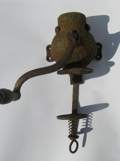 photo of antique Arcade Crystal coffee grinder, hand crank cast iron wall mount #2