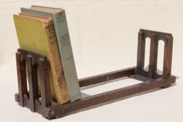 catalog photo of antique Arts & Crafts vintage folding book stand rack, mission fumed oak wood