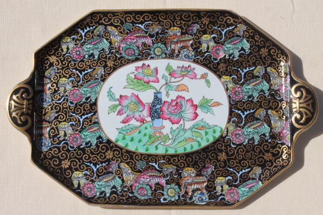 photo of antique Ashworth Bros English china, Chinese black chinoiserie porcelain tea tray #1