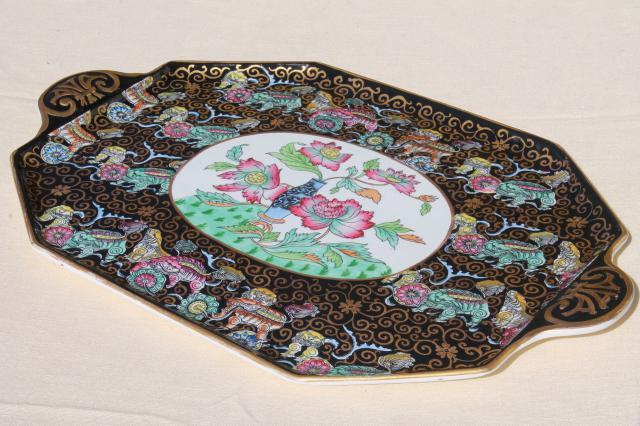 photo of antique Ashworth Bros English china, Chinese black chinoiserie porcelain tea tray #2