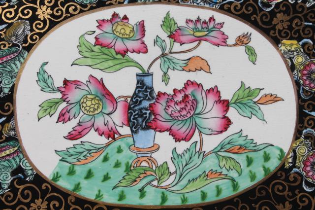 photo of antique Ashworth Bros English china, Chinese black chinoiserie porcelain tea tray #4