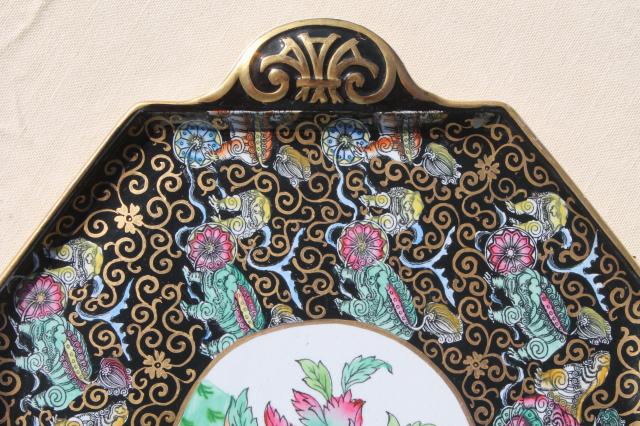 photo of antique Ashworth Bros English china, Chinese black chinoiserie porcelain tea tray #7