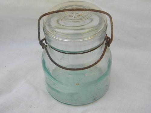 photo of antique Atlas E-Z Seal fruit jar storage canister wrinkled aqua glass #3