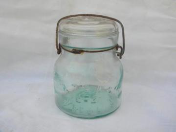 catalog photo of antique Atlas E-Z Seal fruit jar storage canister wrinkled aqua glass