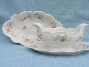 catalog photo of antique Austria porcelain sauce dish & gravy boat, painted florals