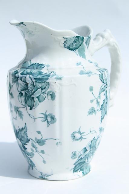 photo of antique Avon - England transferware china pitcher, blue green floral, 1890s Winkle mark #1