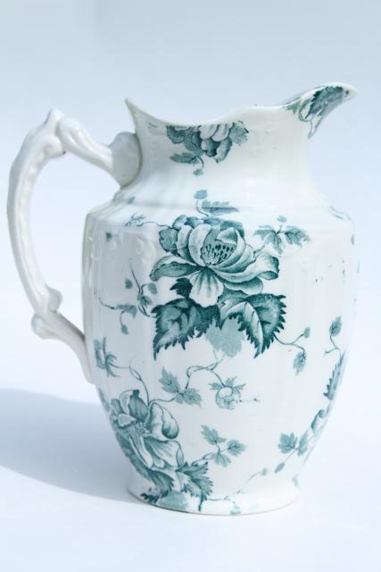 photo of antique Avon - England transferware china pitcher, blue green floral, 1890s Winkle mark #4