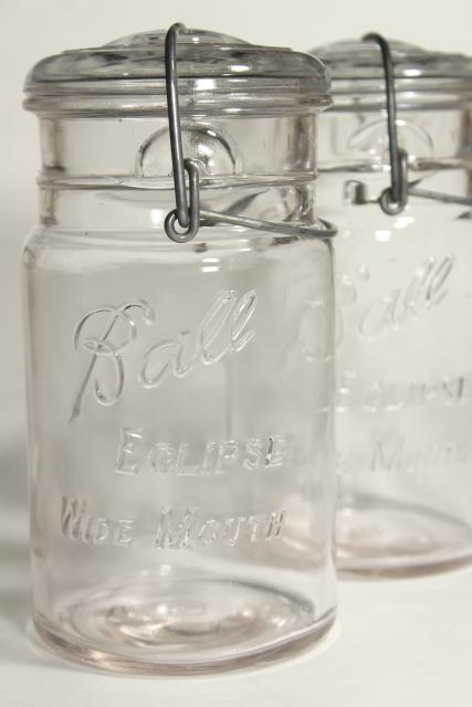 photo of antique Ball Eclipse clear glass quart canning jars rare old wide mouth bail lid #2