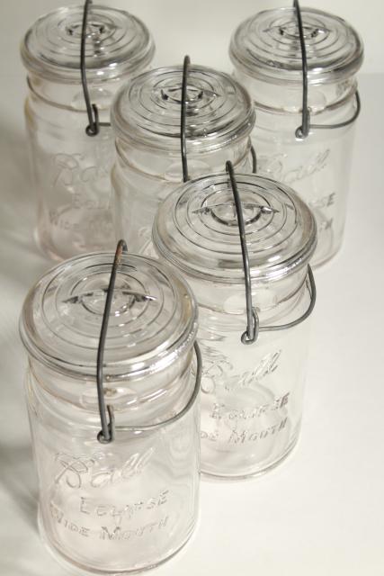 photo of antique Ball Eclipse clear glass quart canning jars rare old wide mouth bail lid #6