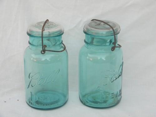 photo of antique Ball Ideal aqua blue mason jars kitchen canisters, 1908 patent #1