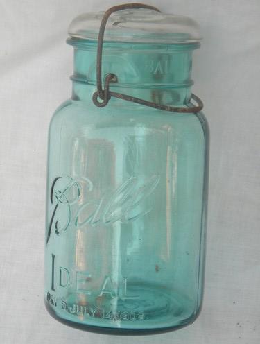 photo of antique Ball Ideal aqua blue mason jars kitchen canisters, 1908 patent #2