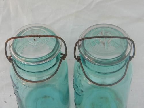 photo of antique Ball Ideal aqua blue mason jars kitchen canisters, 1908 patent #3