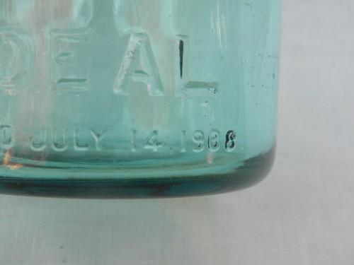 photo of antique Ball Ideal aqua blue mason jars kitchen canisters, 1908 patent #4