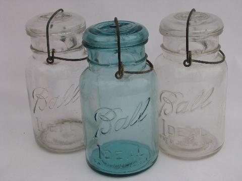 photo of antique Ball Ideal mason canning jars lot, glass lightning lids w/ wire bails #1