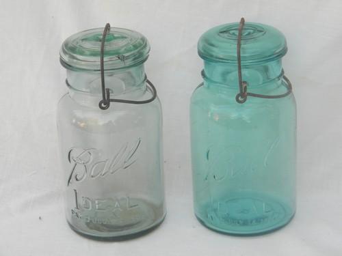 photo of antique Ball Ideal mason jars/canisters, lightning lids and 1908 patent #1