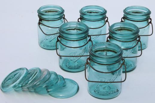 photo of antique Ball mason jar canisters, 6 vintage aqua blue fruit jars w/ lightning lids #2