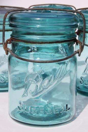 photo of antique Ball mason jar canisters, 6 vintage aqua blue fruit jars w/ lightning lids #3