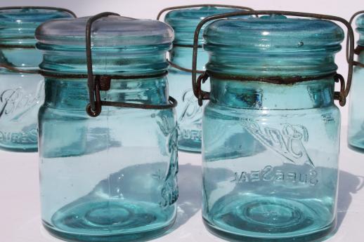 photo of antique Ball mason jar canisters, 6 vintage aqua blue fruit jars w/ lightning lids #4